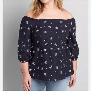 Lane Bryant Peplum Blouse‎ Navy Eyelet Size 18 3/4 Sleeve Lined 100% Cotton NWT